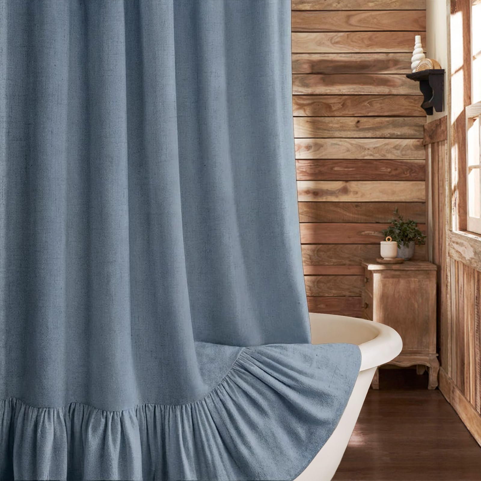 XOGUIBO Farmhouse Shower Curtain with Ruffle Hem Linen Flax Blue Grey Shower Curtains for Bathroom Country Vintage Rustic Natural Fabric, 72" W x 72" L