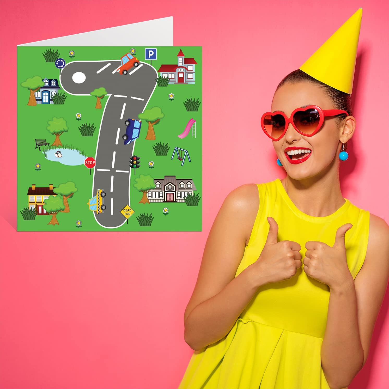 7th Birthday Card for Boys Girls - Toy Car Mat - Happy Birthday Card 7 Year Old Son Daughter Brother Sister Grandson Granddaughter Niece Nephew Cousin, 5.7 x 5.7 Inch Seventh Bday Greeting Card