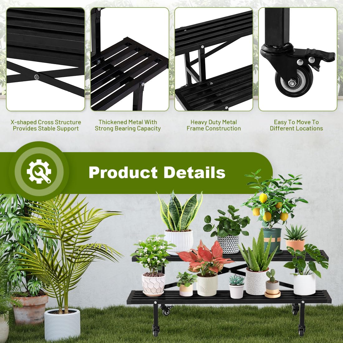 Estantería para flores con ruedas, de metal, 2 estantes, color negro, para plantas de interior y exterior, balcón
