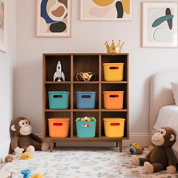 4 Pack Colorful Storage Bins for Shelves, Plastic Storage Containers with Lids for Organizing, Stackable Storage Boxes with Handle, Small Organizer Bins for Classroom, Craft, Snacks, Cabinet