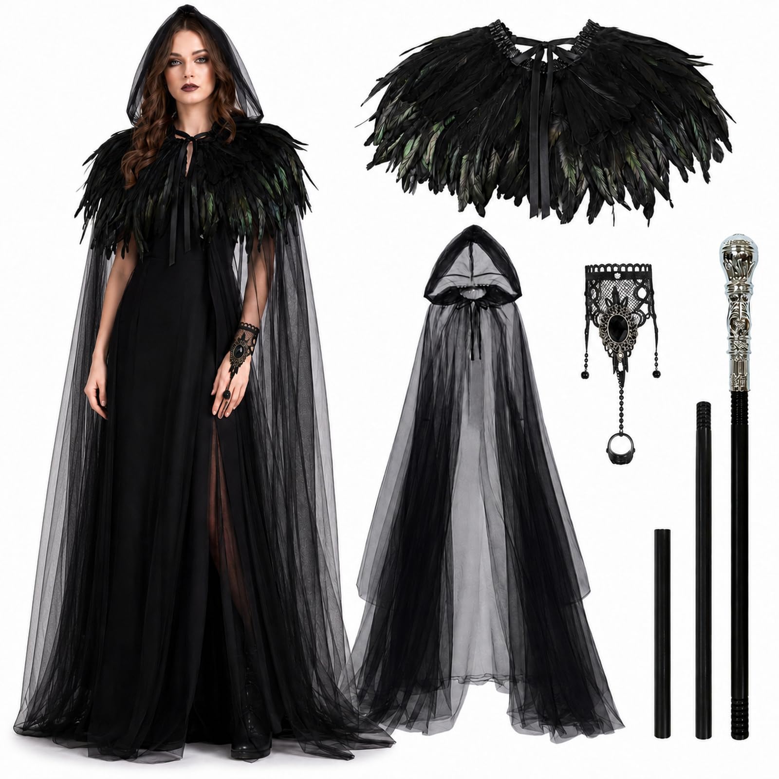 Maazusa Queen Gothic Costume 4Pcs Evil Queen Women Cape Gothic Black Feather Shawl Black Hooded Cloak Wand Bracelet, Witch Queen Fancy Dress Costume Women for Halloween Cosplay Party Outfit