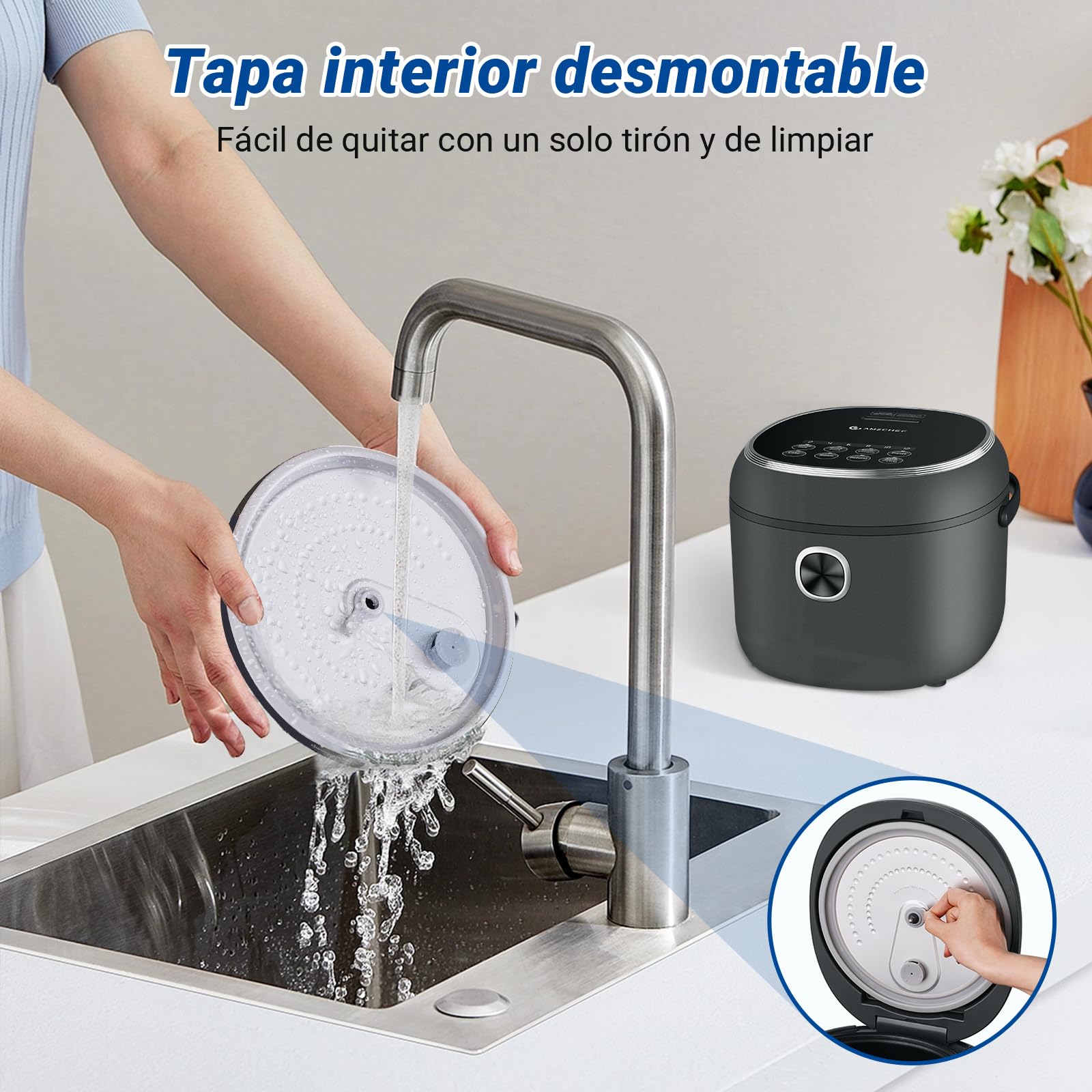 AMZCHEF Olla Arrocera Eléctrica de 4L para 5 personas, 8 Tazas (Sin Cocinar), Mini Rice Cooker de 860W, 7 funciones de cocción, Cesta para Cocinar al Vapor, Temporizador, Olla Interior Antiadherente