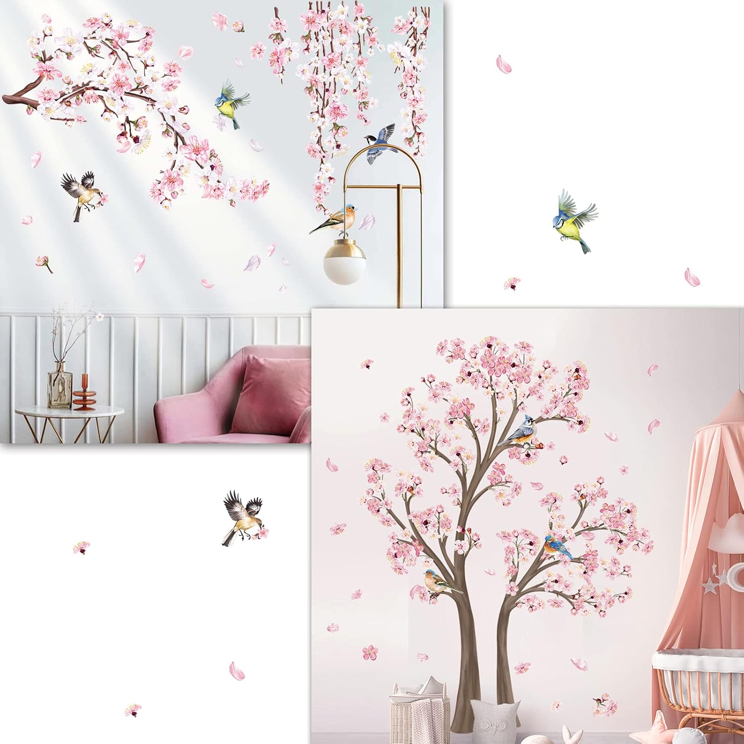 decalmile Pink Blossom Branch Wall Decals Bundle with Large Floral Tree Wall Stickers Nursery Girls Bedroom Living Room Wall Decor