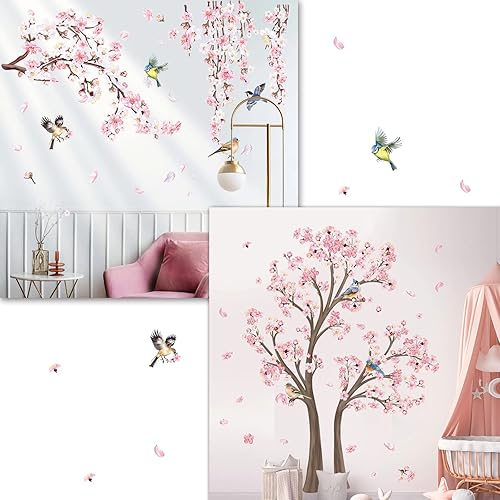 decalmile Paquete de calcomanías de pared de ramas de flores rosas con calcomanías de pared de árbol floral grande, cuarto de bebé, dormitorio de