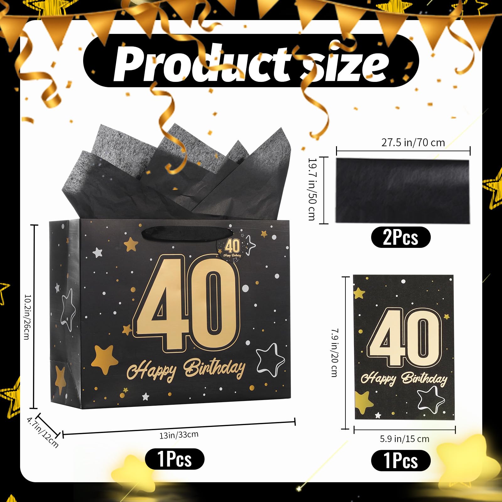 Powbrace 33 cm Geburtstagsgeschenktüte mit Seidenpapier und Karte (Schwarz zum 40. Geburtstag)