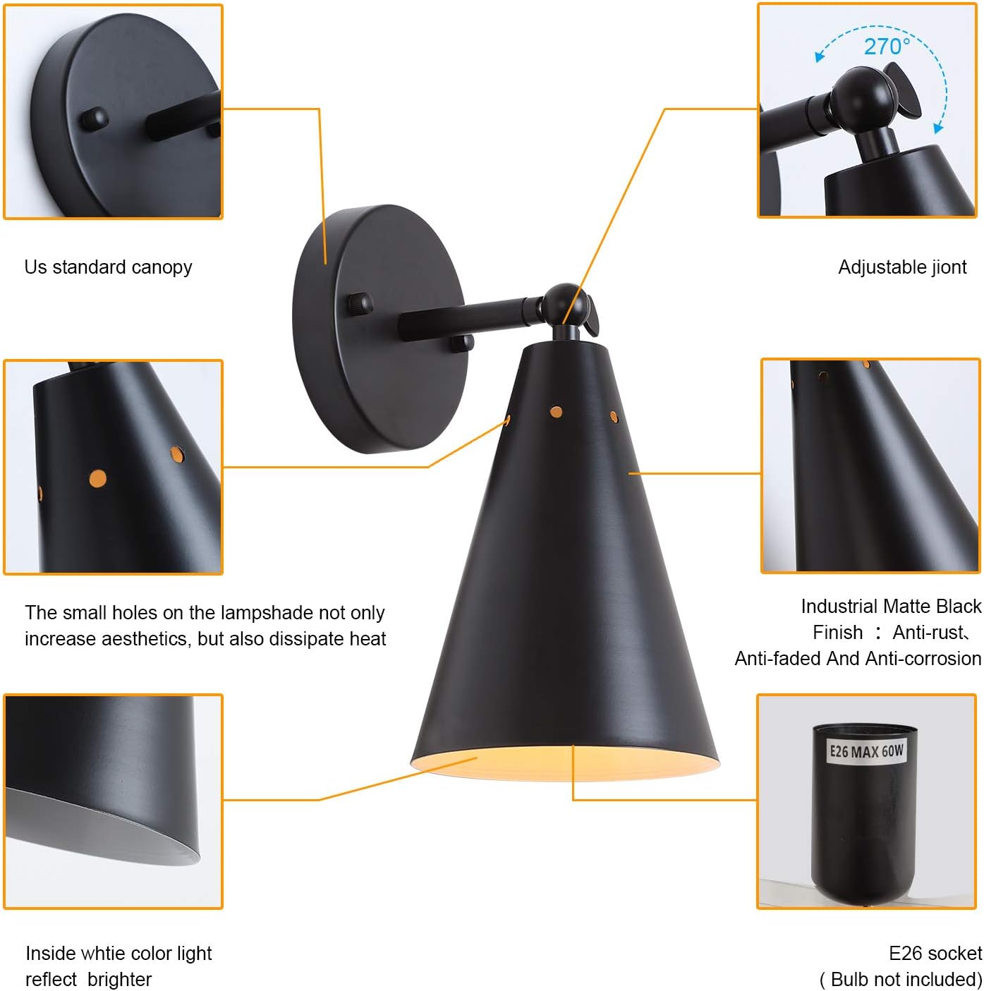 Black Industrial Wall Sconces Set of Two,Rustic Metal Lighting,Farmhouse Wall Sconce Fixture Bronze Finish Vintage Edison Arm Swing Wall Lights for Bedroom,Living Room,Reading,Kitchen