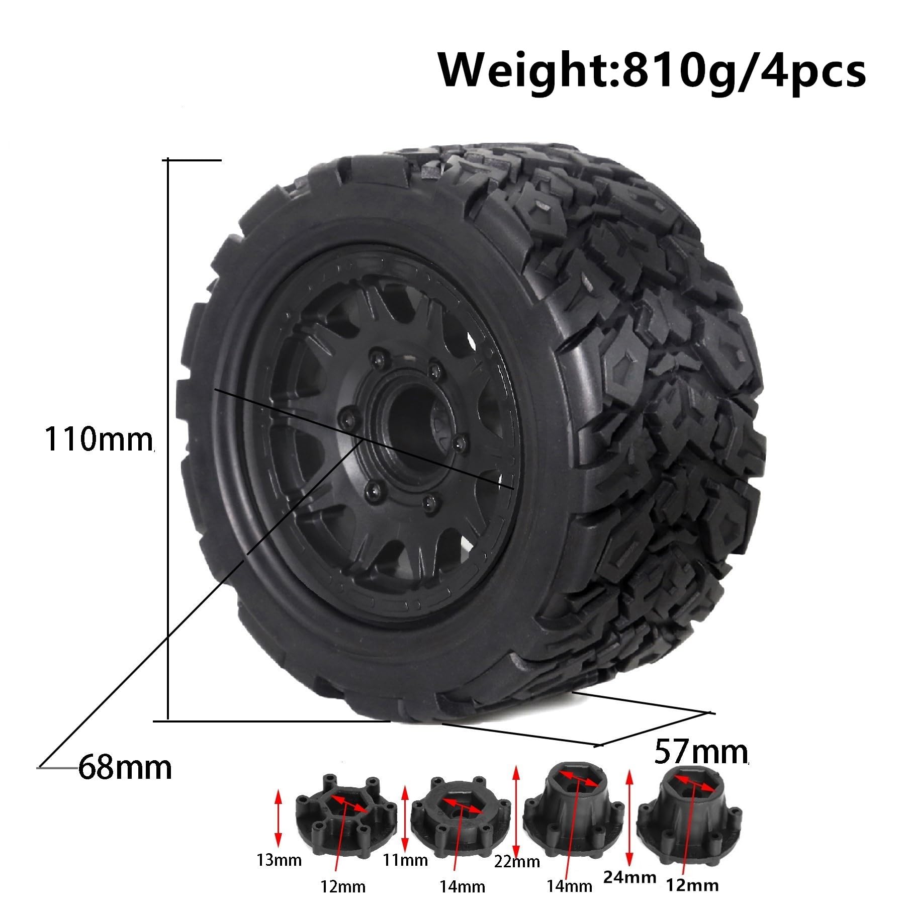 Chanjorlin 1/10 RC Truck Tires And Wheels 12mm 14mm Hex Off Road Tyres For 1:10 Monster Short Course Truck Car Traxxas Slash 4X4 Arrma Big Rock Granite Vortek Axial Losi Redcat Rc4wd 3S 4PCS (A Tires)