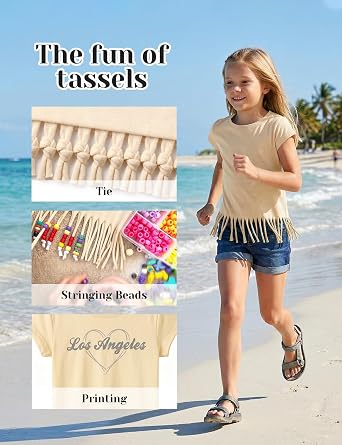 Noomelfish Girls Short Sleeve Fringe T-Shirts Soft Jersey Cotton Tee Tops (3-12 Years)