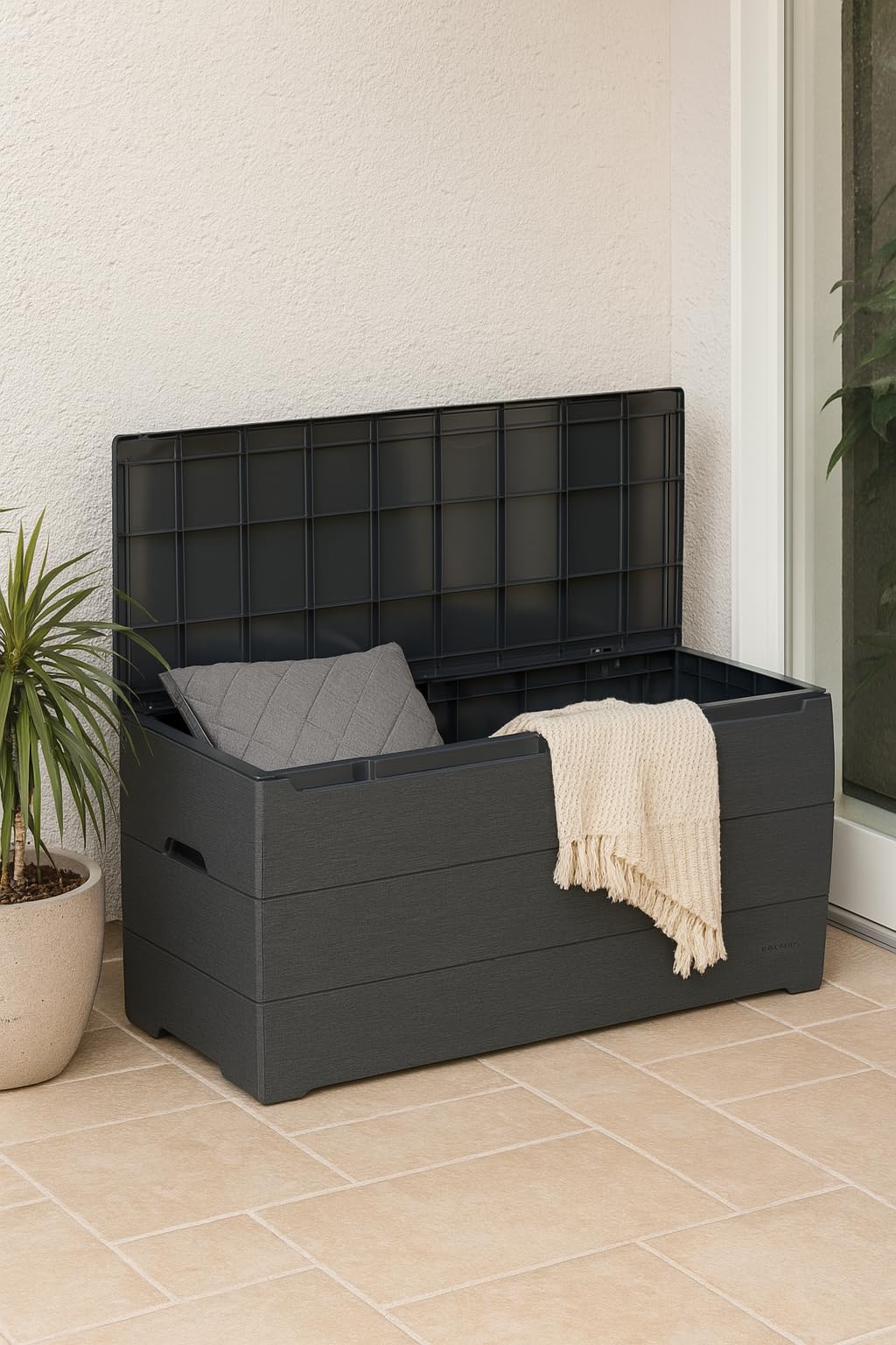 Duramax Cedargrain Durabox 270 litri, contenitore per mobili da giardino in plastica per esterni con coperchio chiudibile, con ruote e maniglie, Grigio scuro
