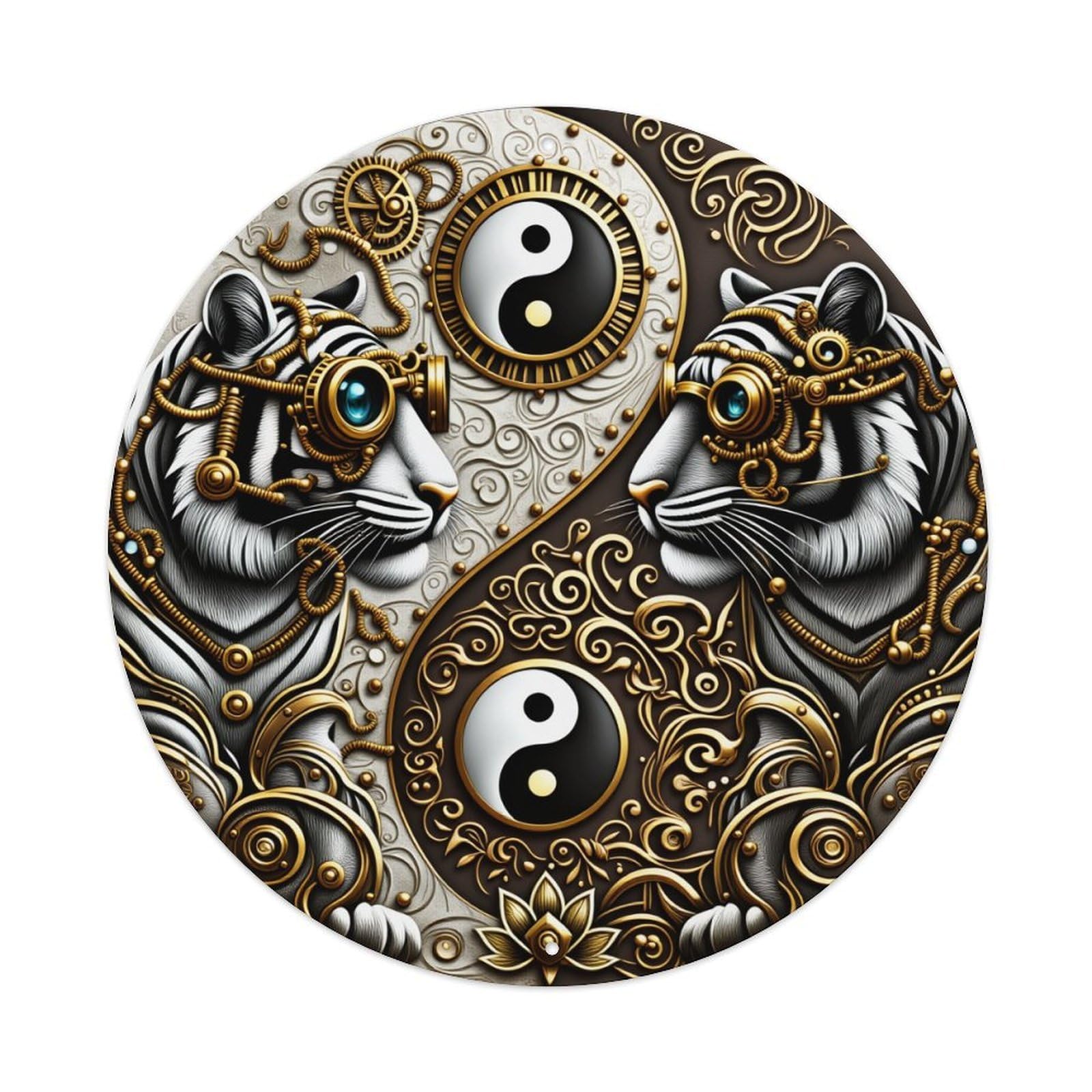 Steampunk Tiger Yin Yang Art Round Tin Sign Retro Metal Sign for Cafe Bar Pub Home Game Room Gym Club Wall Decoration Vintage Metal Poster 8x8 Inch
