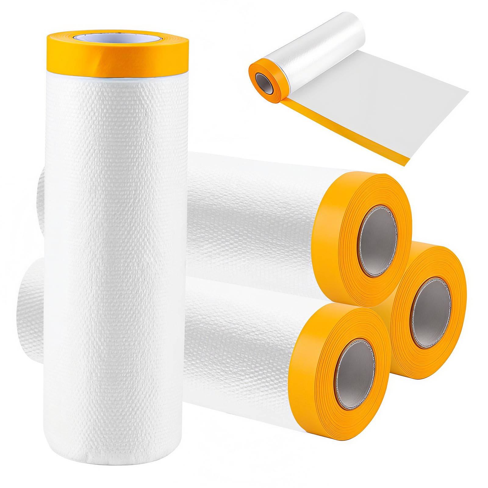 Kisizity 4 Rolls Pre-Taped Masking Film, 270cm x 20m Drop Film Pre-Taped, Masking Film Rolls with Self-Adhesive Tape, Transparent Plastic Dust Sheet Rolls for Floor, Sofa, Car and Painting