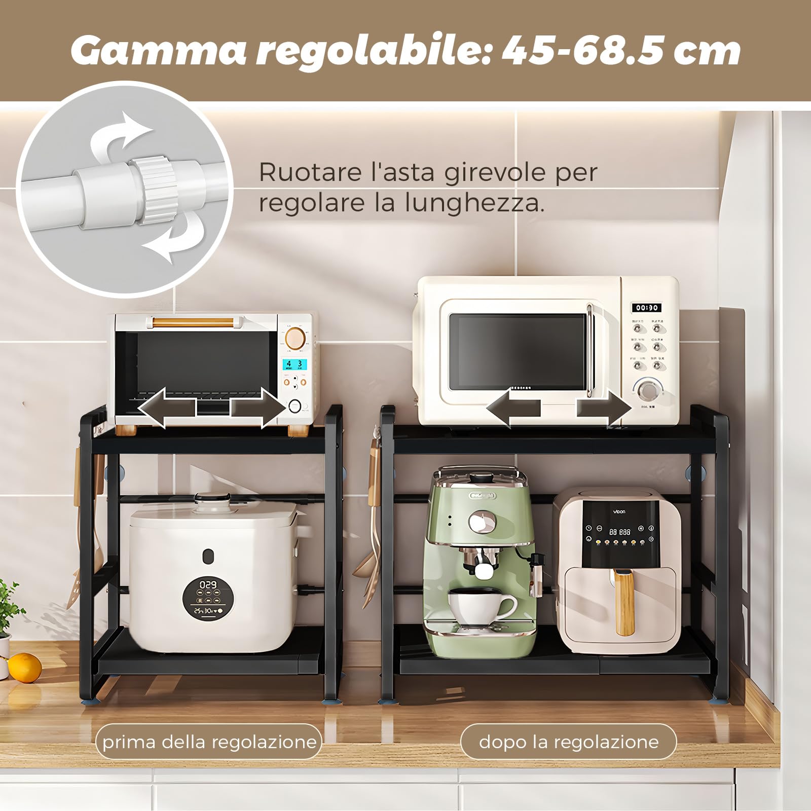 Scaffale per microonde a 2 livelli, mensola da cucina estensibile e regolabile in altezza, con cassetto, in acciaio al carbonio, con ganci e ventose di rinforzo inclusi, facile da montare