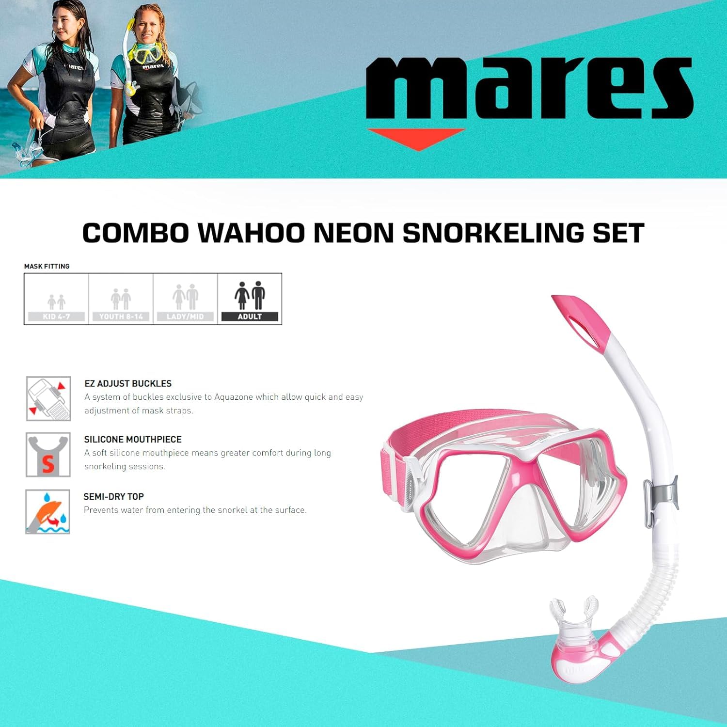 Mares Wahoo Neon Combo – Set de Snorkel para Adultos con máscara de Silicona y Tubo Semi-seco con válvula, Ideal para Buceo y exploración