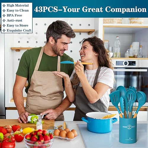Miniatura 7 de Juego de utensilios de cocina de silicona, 43 piezas antiadherentes resistentes al calor, juego de espátulas con mango de madera para hornear,
