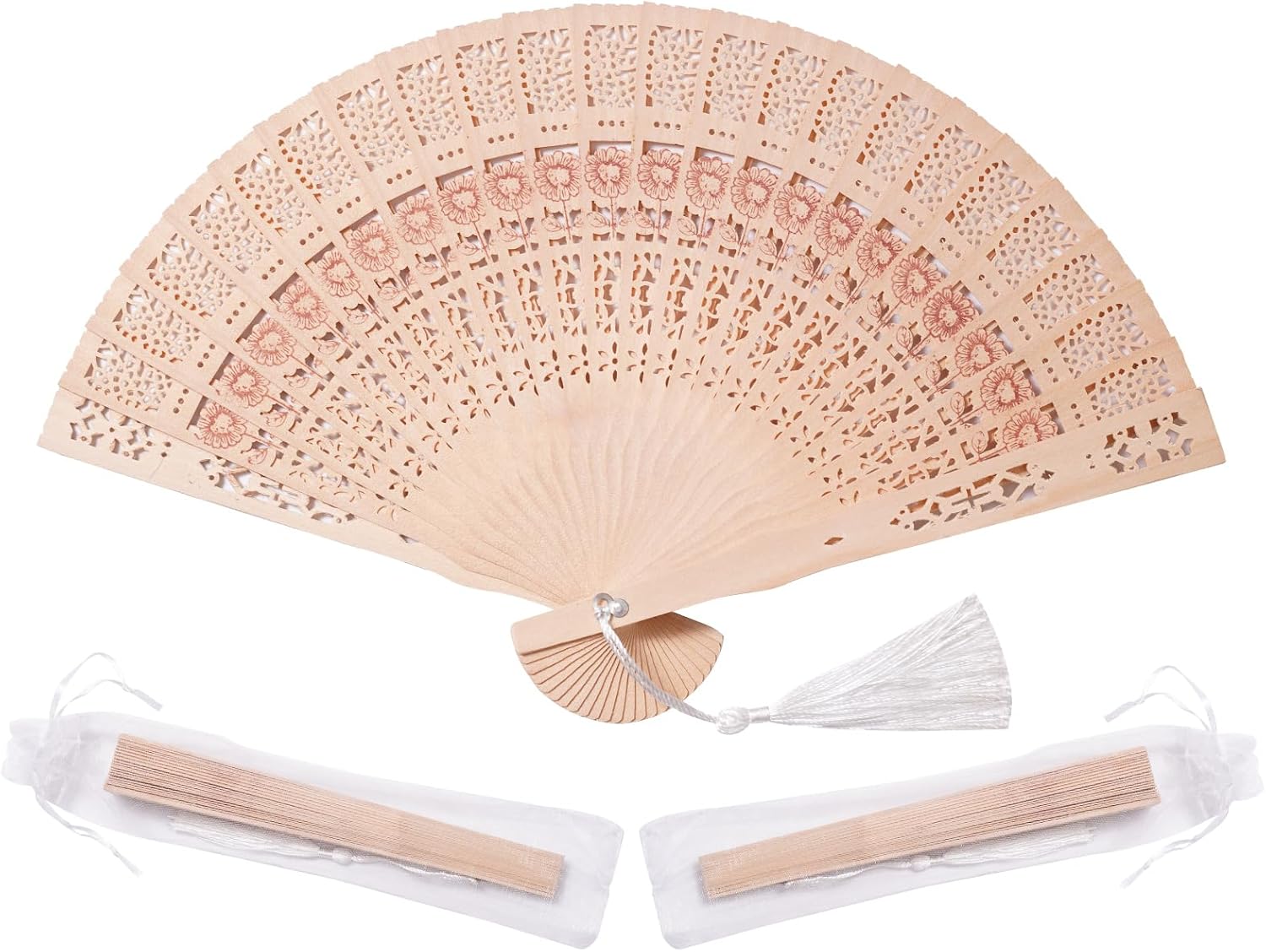 50 Sets Wooden Hand Fan Baby Shower Party Favors with Organza Bags and Tassels Wooden Folding Fan （Sunflower Pattern）