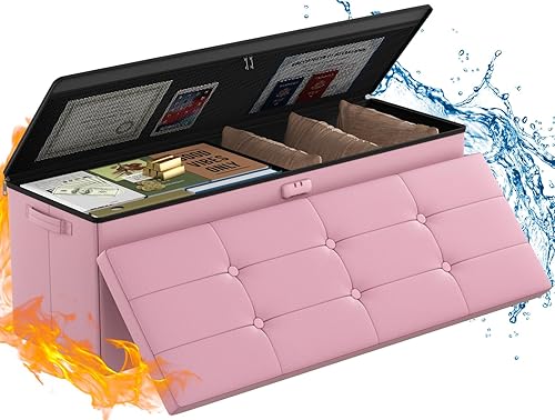 Vista 18 de ENGPOW Banco Otomán de Almacenamiento, Banco Plegable Ignífugo con Cerradura, 30 Pulgadas Cofre de Almacenamiento Resistente al Fuego y Agua Beige