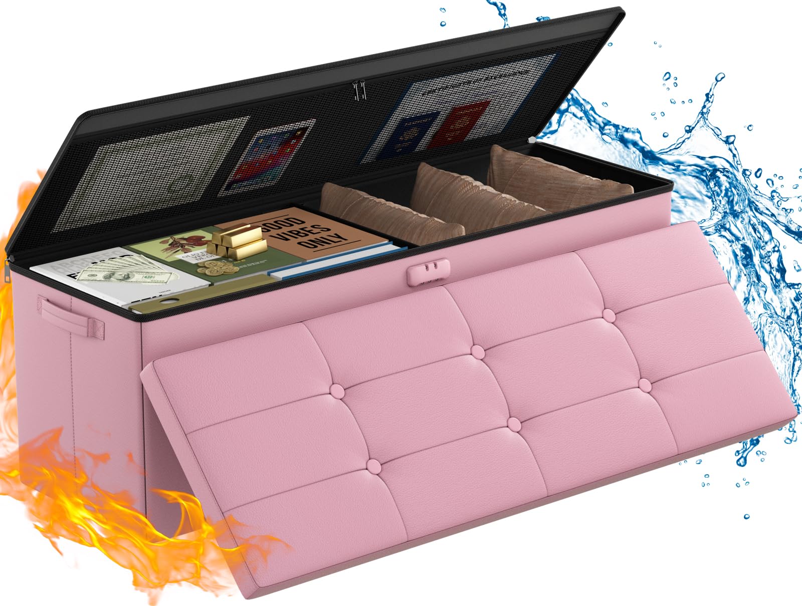 ENGPOW Storage Ottoman, Fireproof Folding Bench with Lock(15”x 43”x15”), Water-Resistant ＆ Heat Insulation Large Storage Chest with Handles＆2 Extra