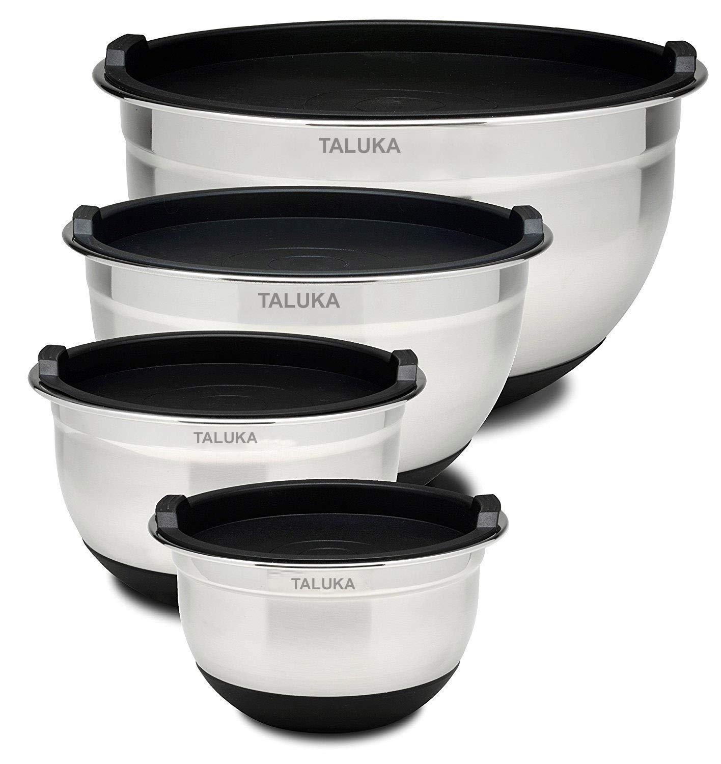 Taluka With T Logo Stainless Steel Non-Slip Mixing Bowls With Lids Anti Slip Bottom Bowl, Sizes 550 Ml || 1200 Ml || 2250 Ml || 3500 Ml, Set Of 4Pcs