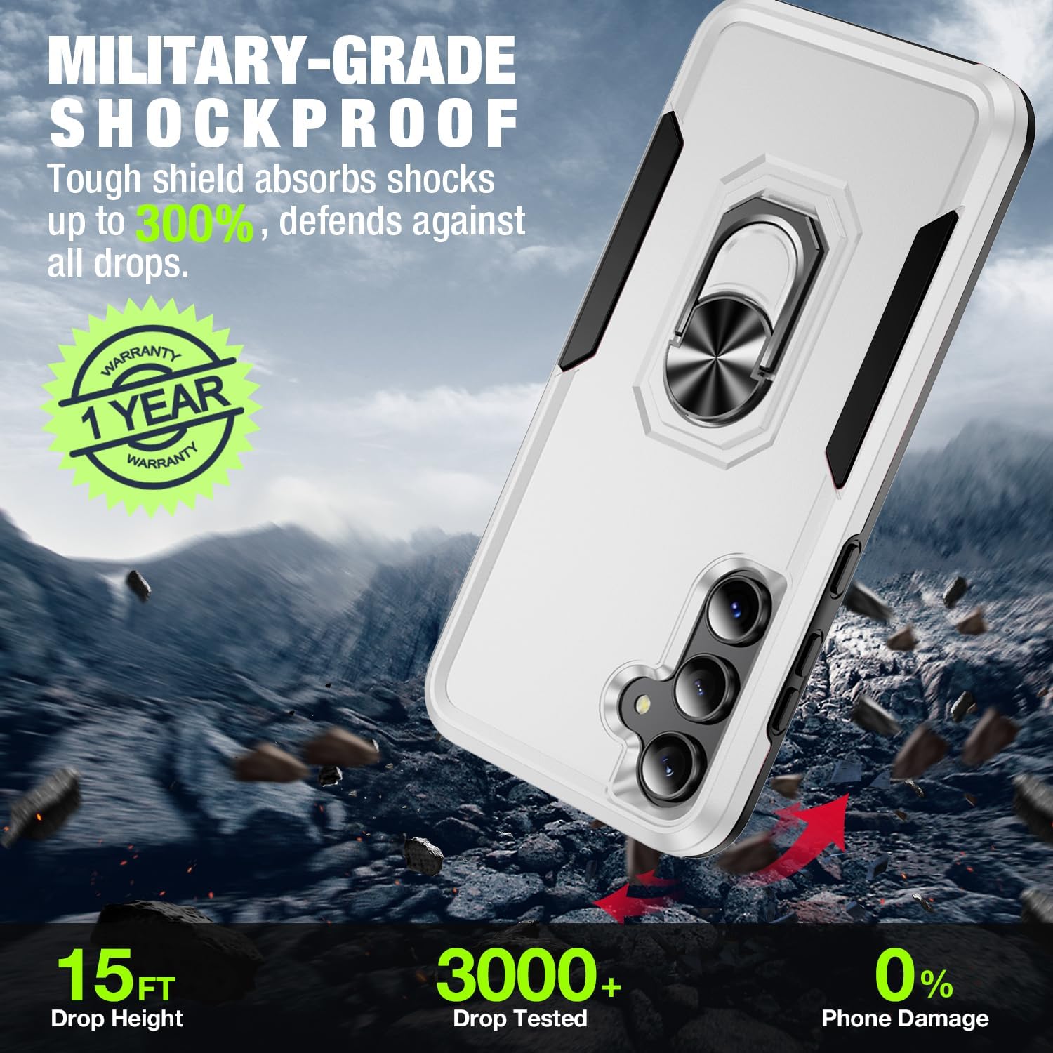 Phone Case for Samsung Galaxy S25 FE [15 FT Military-Grade Drop Protection] with 2X Tempered Glass Screen Protector, Heavy-Duty Shockproof Kickstand Phone Case (White) thumbnail