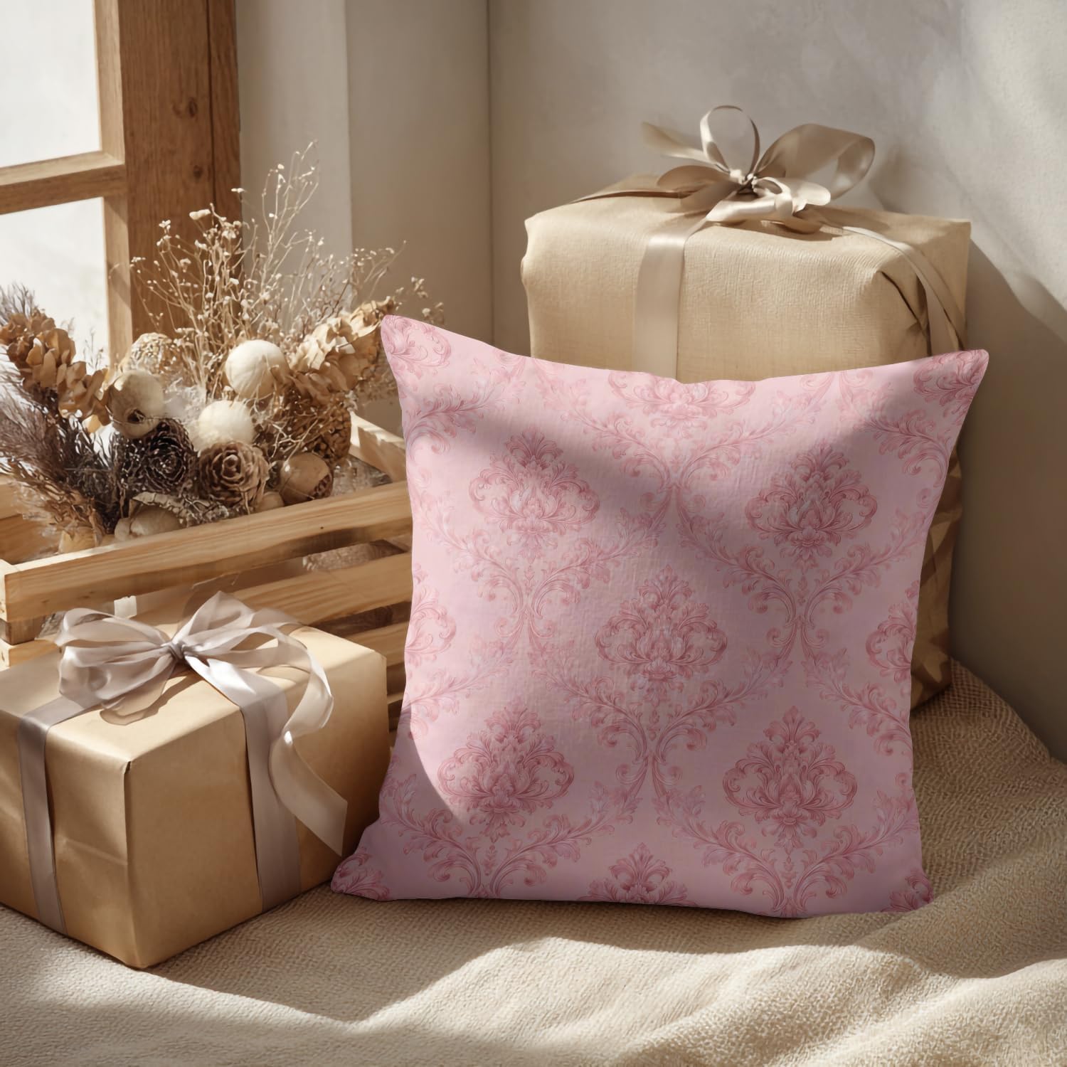 Batmerry Pink Classic Floral Throw Pillow Covers, Pink Chic Elegant Damask Floral Decorative Pillow Covers Digital Printing Blended Fabric for Couch Sofa Bed Invisible Zipper 12X20 in(Set of 2)