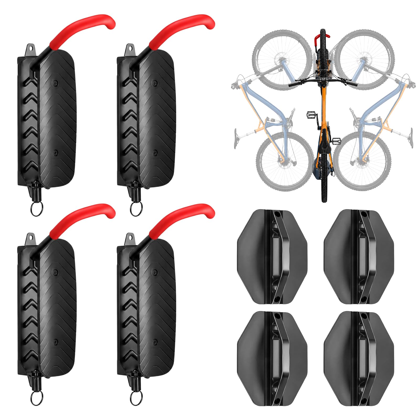 4 Pack Swivel Bike Wall Mount, Space-Saving Vertical Bike Rack, Heavy-Duty Garage Bike Hanger, Adjustable Bike Wall Hanger, MTB Bicycle Storage Hook Holds Up to 66lbs, No Heavy Lifting Required, Red