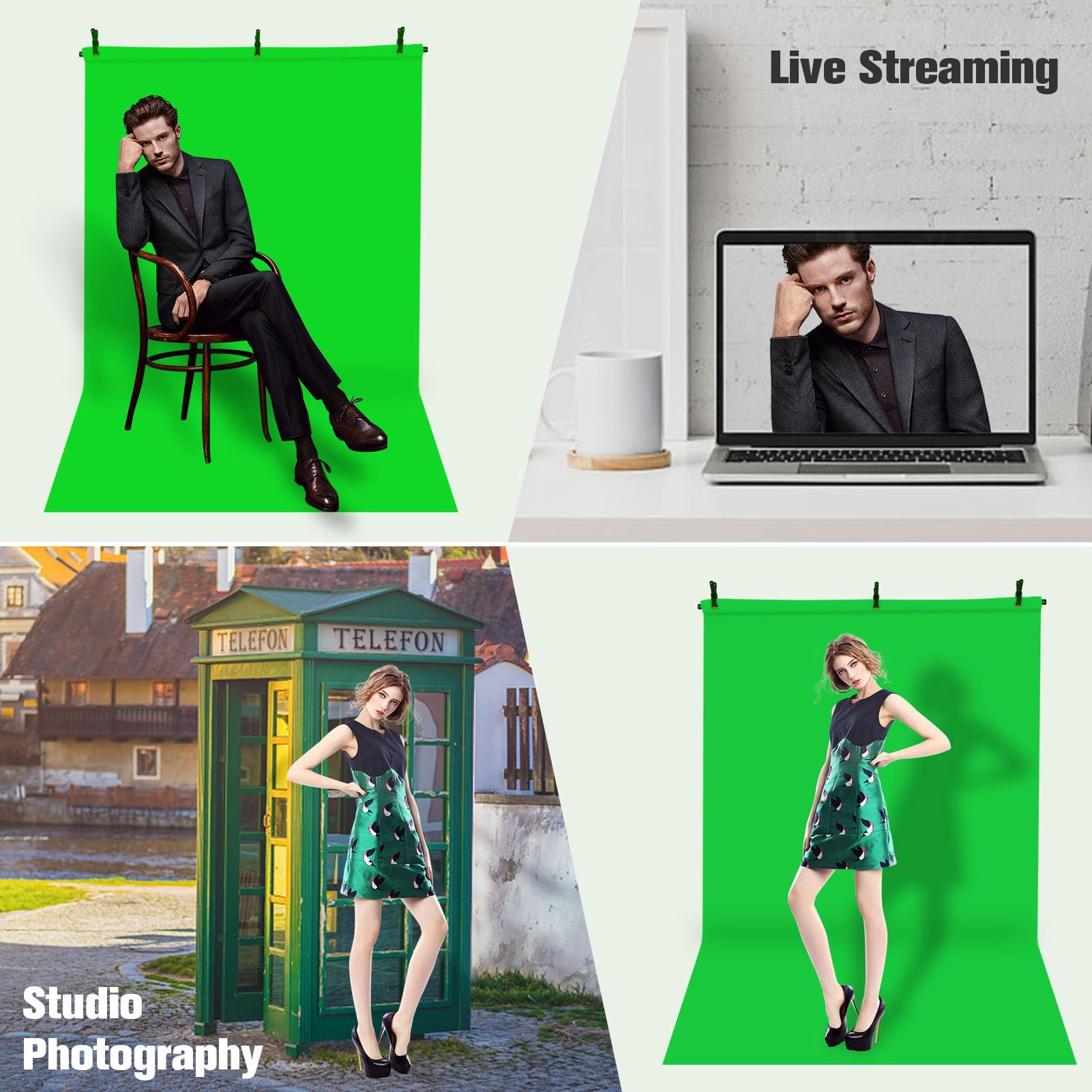 HUIOP 1,5 x 2 m. Kit de photographie de fond avec écran de fond vert avec support de fond réglable en forme de T, 5 pinces de fond