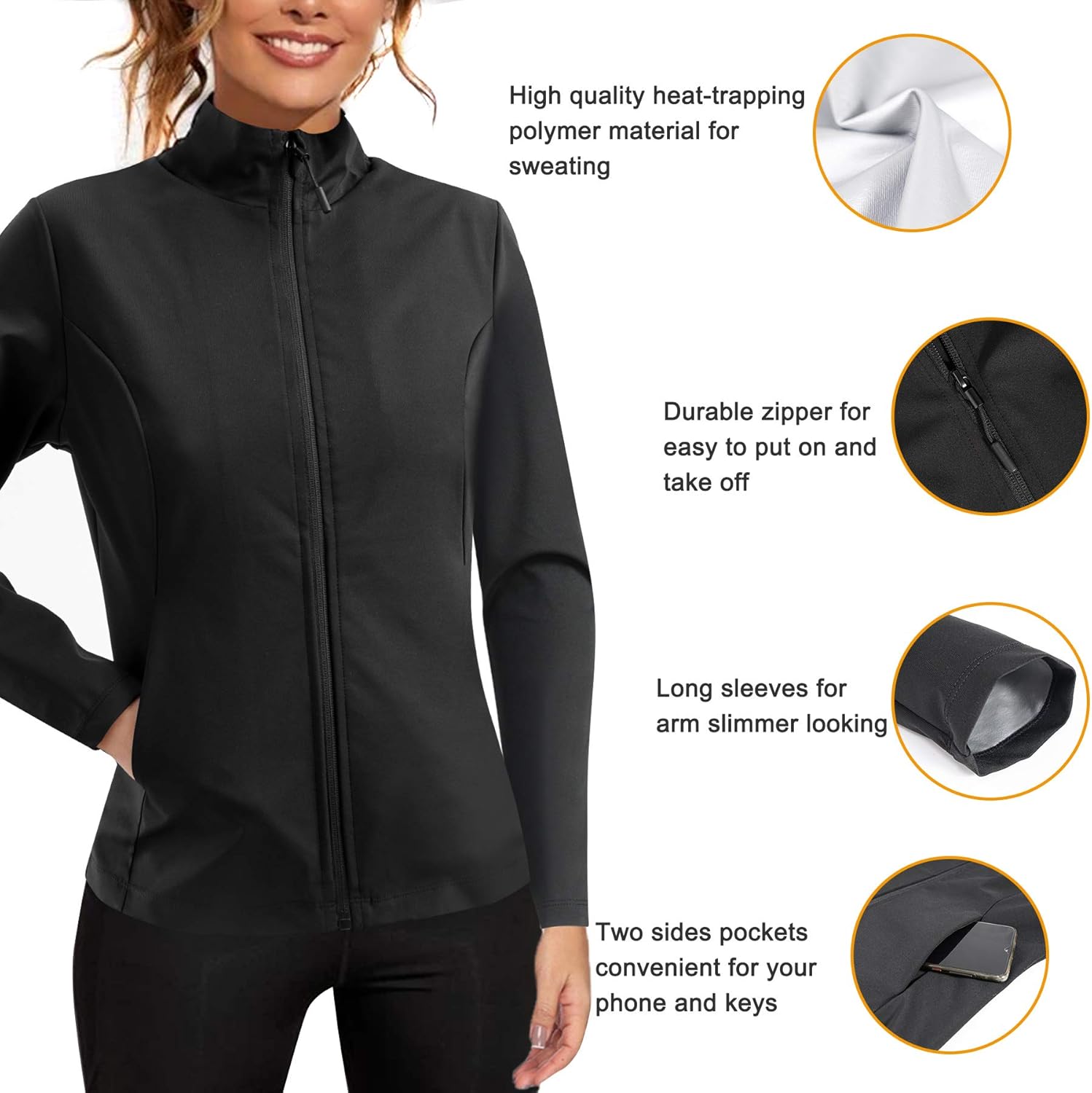 URSEXYLY Women Hot Sweat Sauna Suit Waist Trainer Jacket Slimming Fitness Workout Body Shaper Zipper Shirt Workout Long Sleeve Tops : Sports & Outdoors