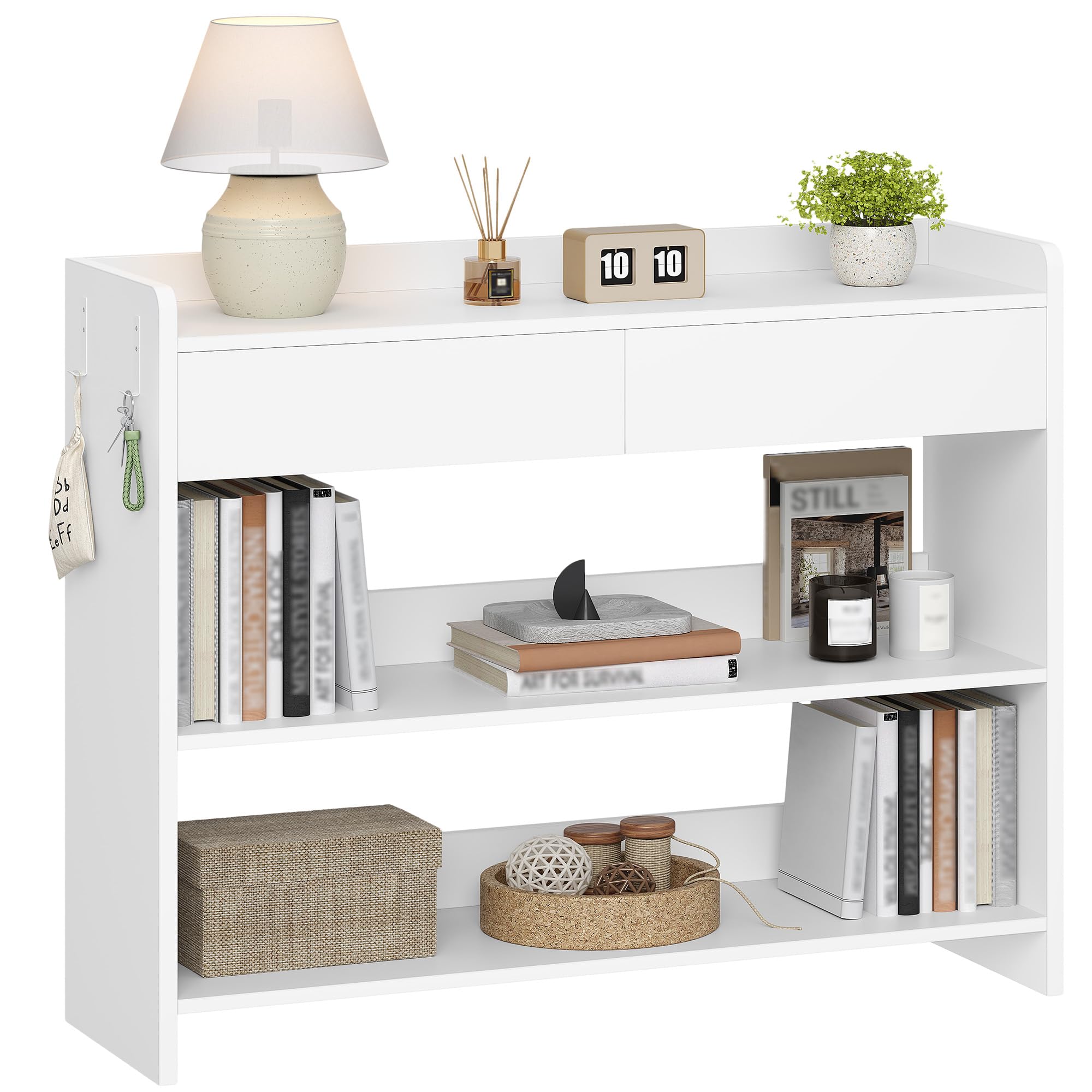 Hzuaneri Tavolo da Console con Ripiani e Cassetti, Mobile Ausiliario in Legno, Due ganci su ogni lato, per Soggiorno, Ingresso, Corridoio, 100×30×80 cm, Bianco CT01603X