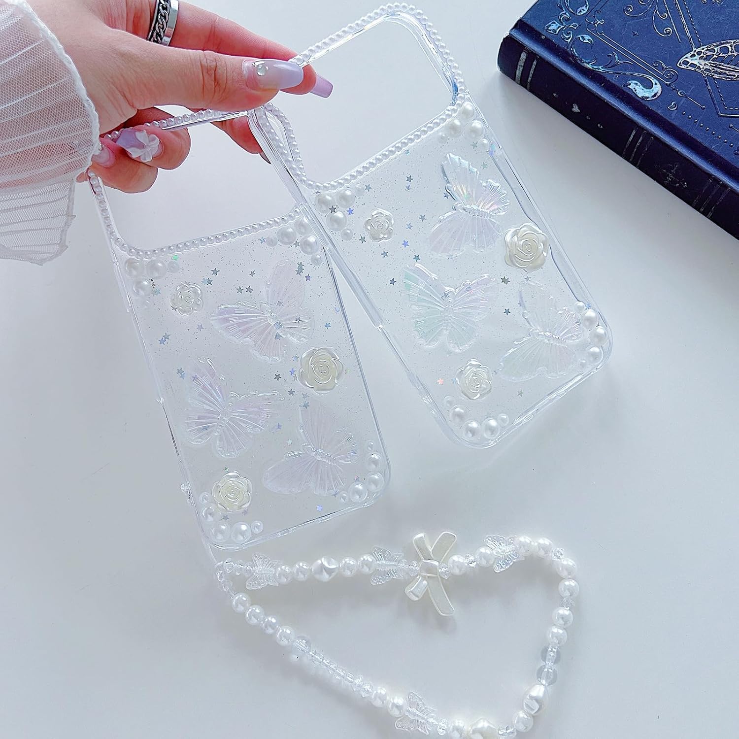 for iPhone 17 Pro Max Clear Glitter Case, Cute 3D Butterfly Floral Flowers Crystal Pearl Bling Sparkle with Wrist Strap Soft TPU Aesthetic Women Girls Phone Case for iPhone 17 Pro Max, Clear - Image 4