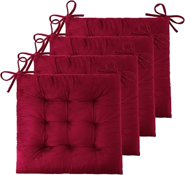 ELFJOY Set of 4 Square Chair Pads Indoor Seat Cushions Pillows with Ties Thick Soft Seat Cushion for Kitchen Dining Office Chair 18", Burgundy