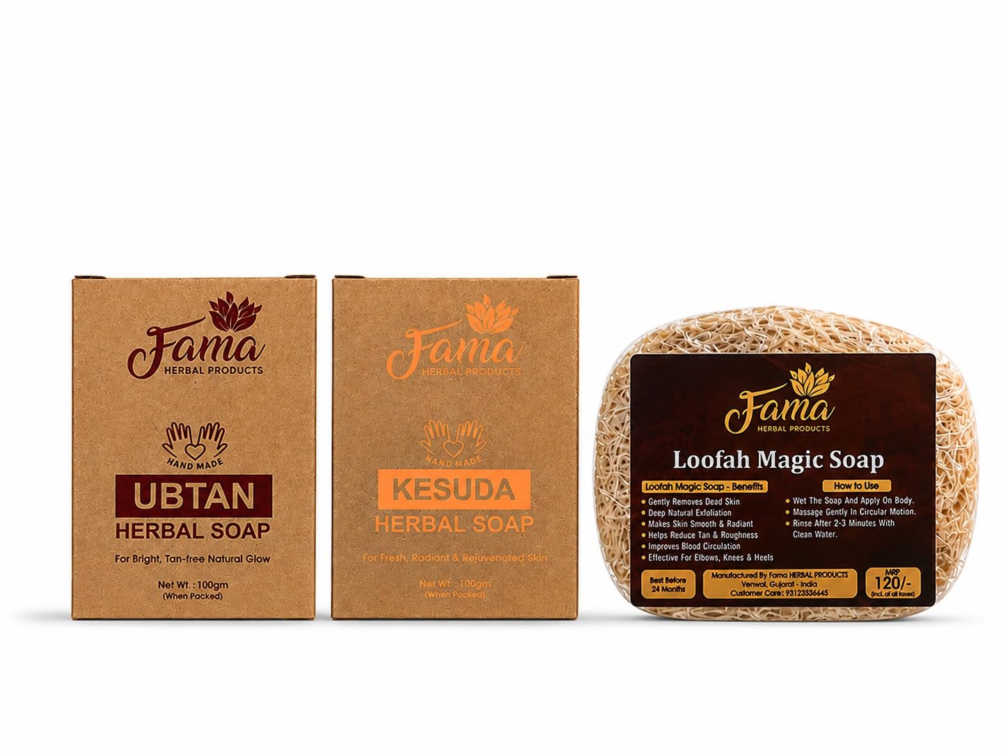 Fama Herbal D-Tan Combo Soap Pack | Ubtan Herbal, Kesuda & Loofah Magic Soap | Handmade Natural Bath Gift Set | Tan Removal, Deep Cleansing, Skin Brightening & Gentle Exfoliation | Pack of 3 (100g Each)-image-2