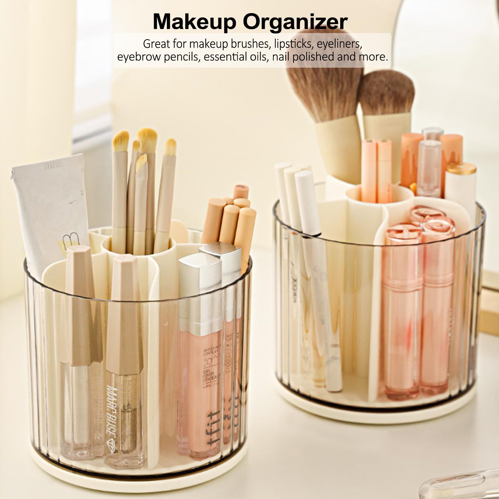 Lemical Soporte giratorio de 360° para brochas de maquillaje, soporte para lápices, caja de almacenamiento de cosméticos, 6 ranuras, organizador de bolígrafos de escritorio para el hogar, oficina,