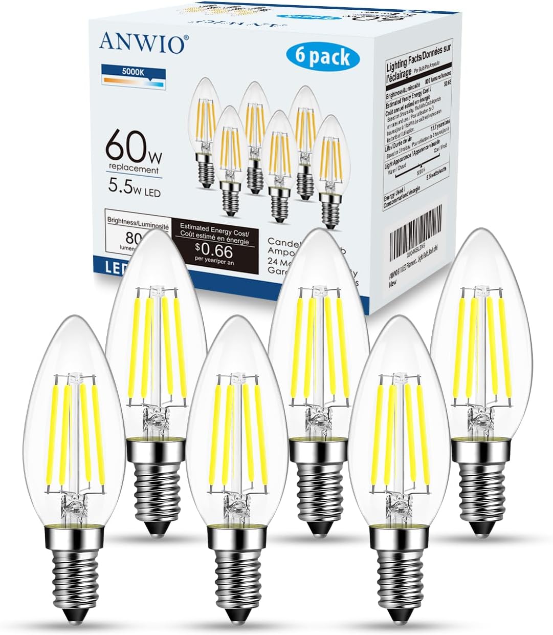 ANWIO B11 LED Filament Bulb E12 Candelabra Small Base 5000K Daylight White, 5.5W(60W Equivalent) 800 Lumens Non-Dimmable Decorative Candle Light Bulb, Pack of 6