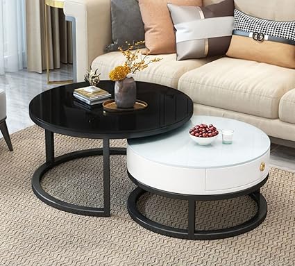 Brown Art SHOPPEE Round Coffee Tables Living Room Table Sets, Sofa Center Table Round End Tables with Wooden Drawer and Metal Frame Home Decor Sets (Black & White-Black)