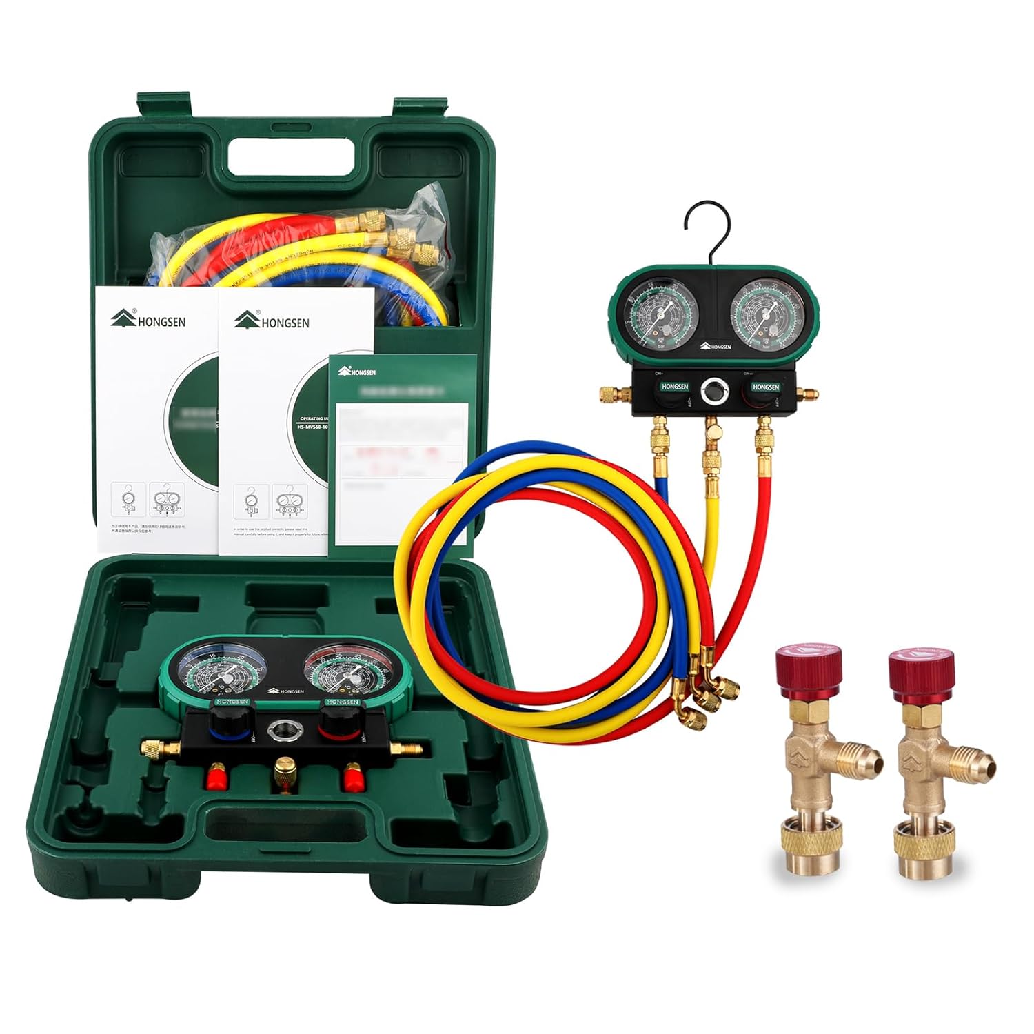 HONG SEN HVAC Gauges with 5FT Hoses and 2Pcs Low Loss Fittings for R410A,R32 Refrigerant