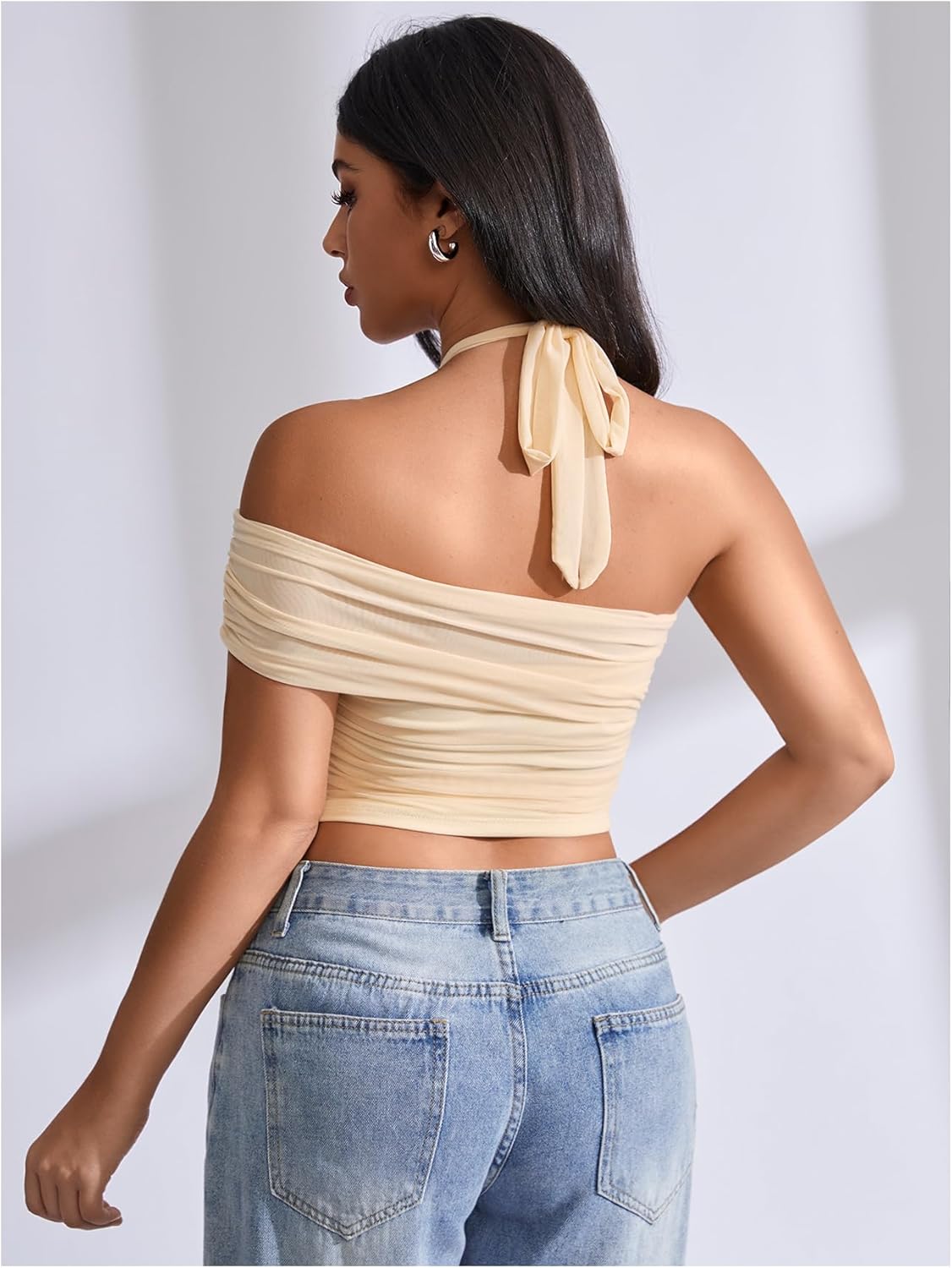 Women's Asymmetrical Ruched Halter Tops Metal Mesh Sleeveless Going Out Crop Top - Image 2