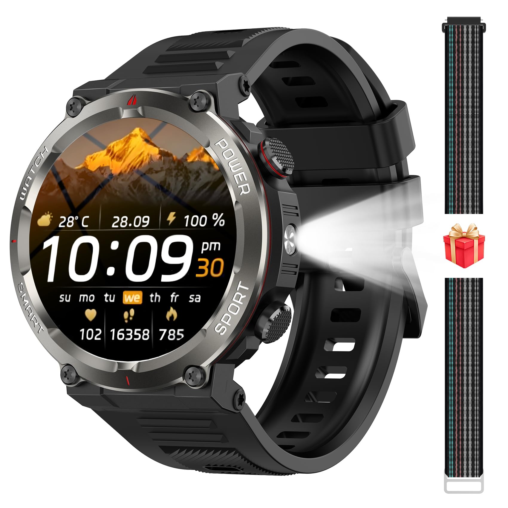 Militär Smartwatch Herren, Outdooruhr mit 100 Tage Akku/Bluetooth-Anrufe/Kompass/Taschenlampe/Puls-SpO2-Schlaf-Monitor/100+ Sportmodi Fitness-Tracker/Schrittzähler/2 Armbänder/IP68, für iOS Android