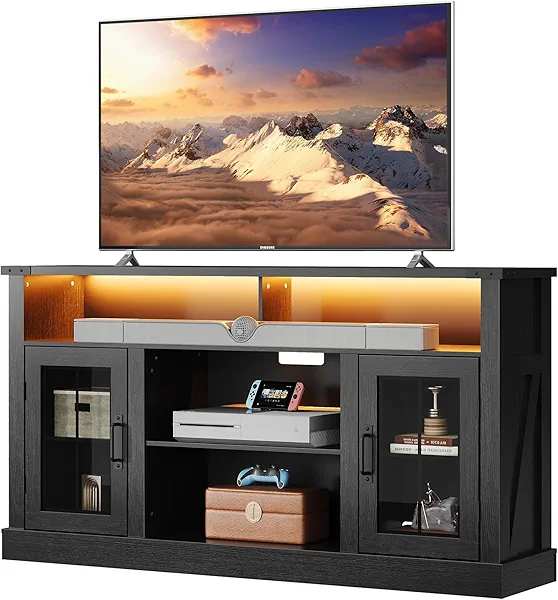 WLIVE Farmhouse TV Stand for 65 Inch TV, Tall Entertainment Center with LED Lights & Storage Cabinets, TV Media Console Table with Adjustable Shelf for Living Room, Bedroom, Home Theater, Black