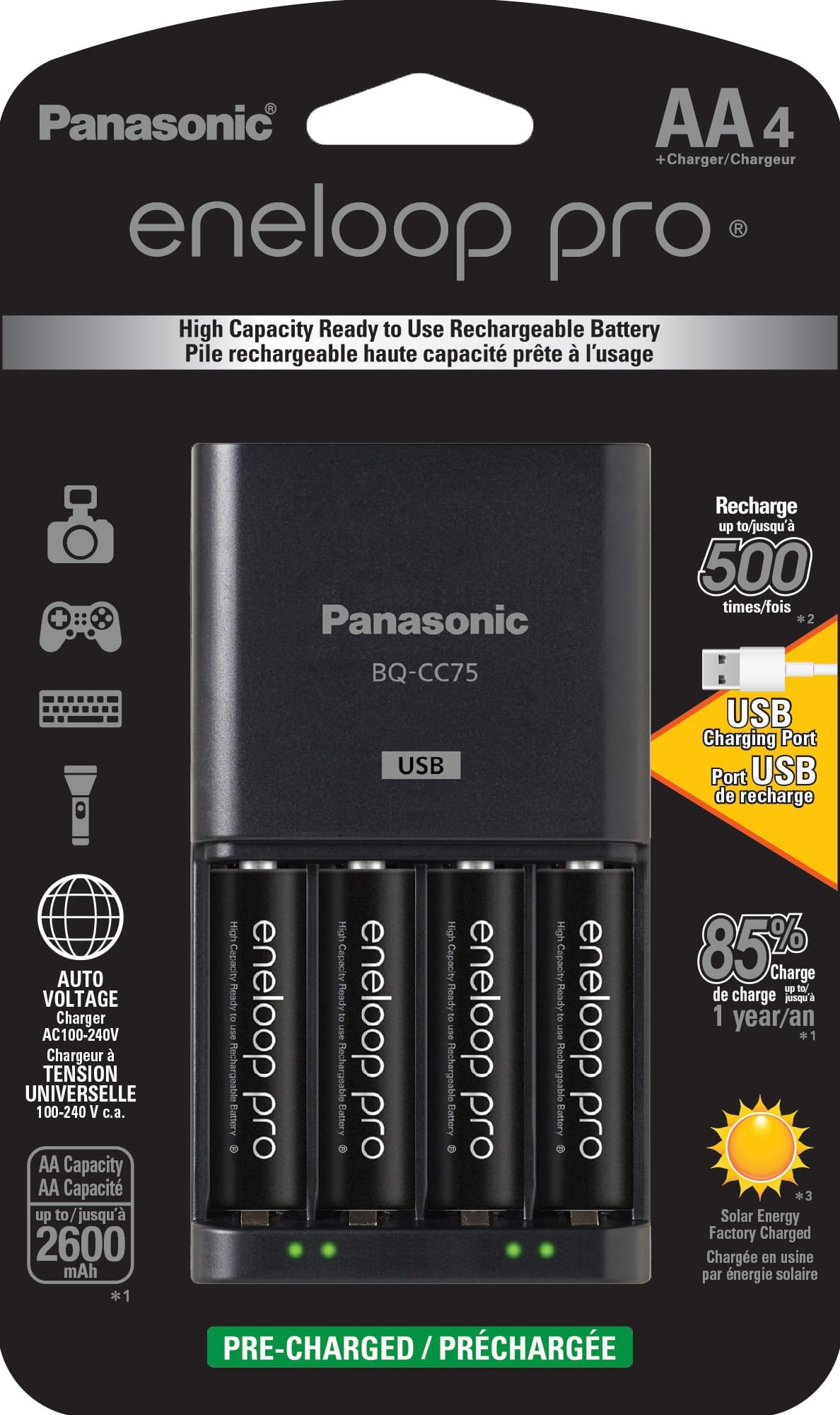 Panasonic K-KJ75KHC4BA Advanced Battery Charger with USB Charging Port and 4AA eneloop pro High Capacity Rechargeable Batteries