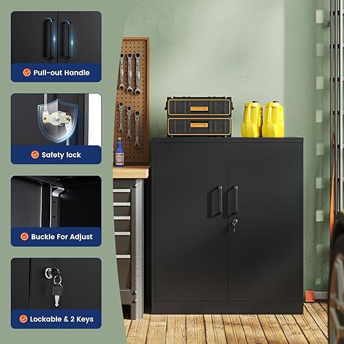 Miniatura 6 de Yizosh Armario de almacenamiento de metal para garaje con 2 puertas y 2 estantes ajustables - Gabinete contador de archivos de acero con cerradura