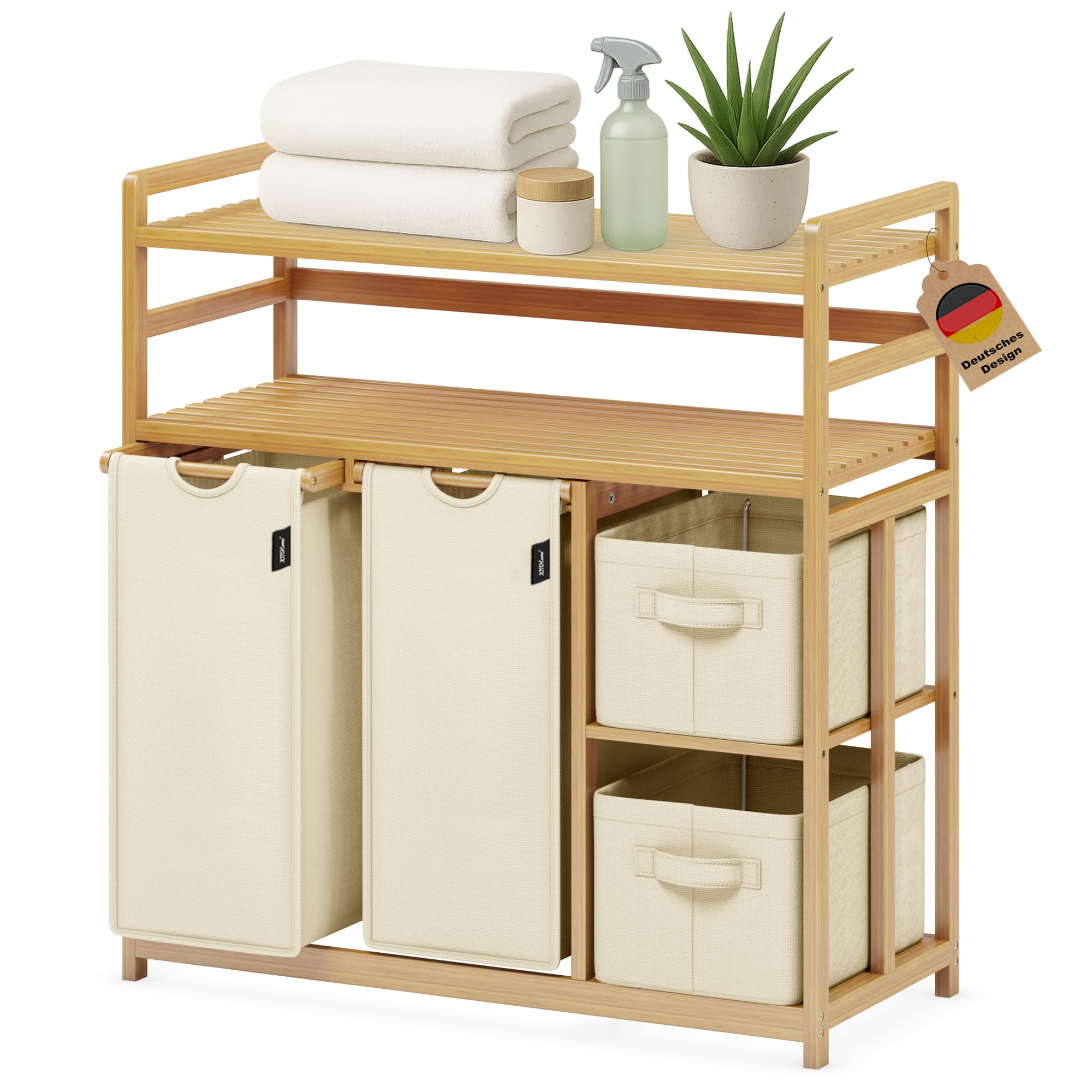 Panier à linge en bambou 138 l avec boîtes et double étagère de tri