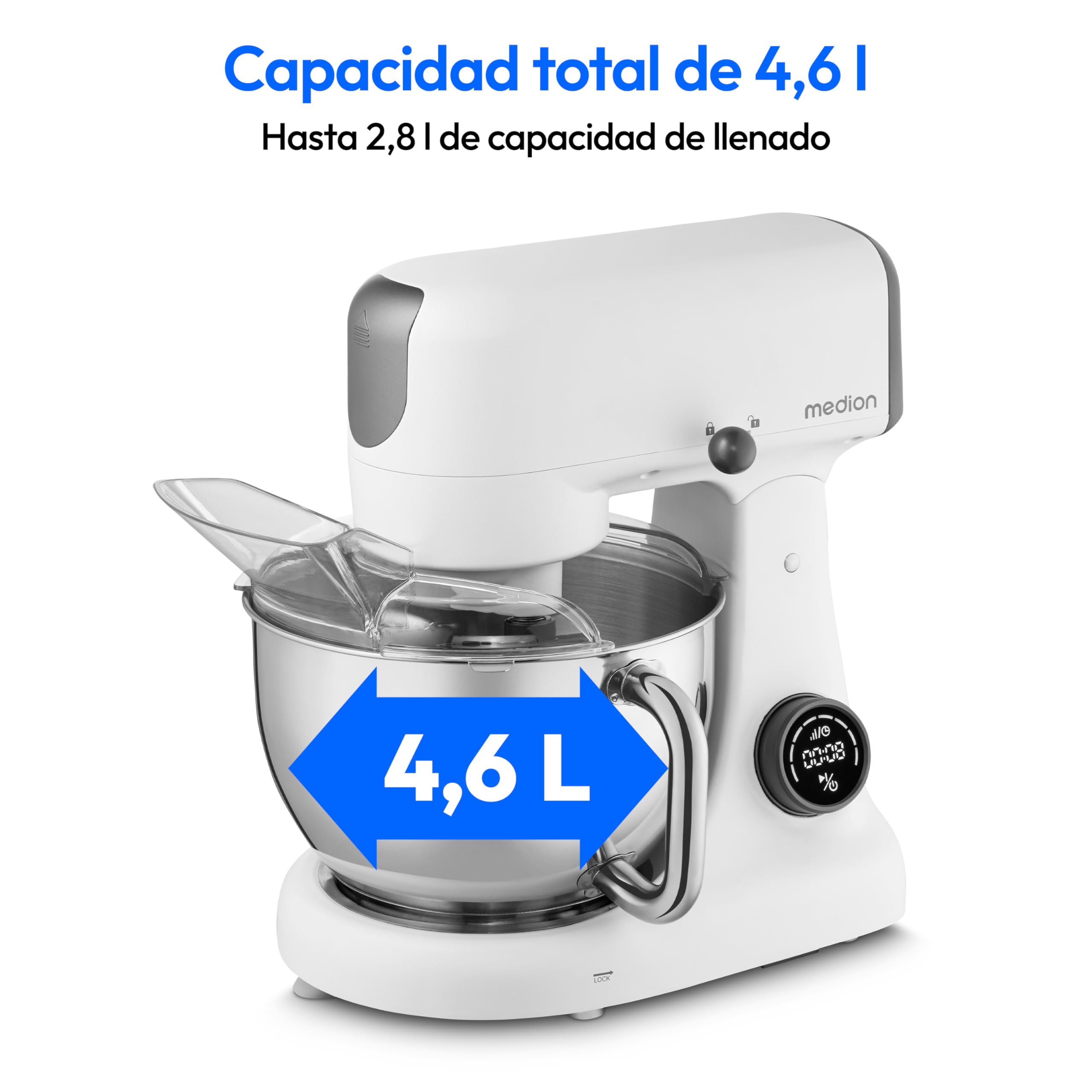 MEDION Robot de cocina con picadora (800 vatios, motor de CC, recipiente de acero inoxidable de 4,6 litros, ahorro de energía, ultrasilencioso, pantalla táctil con sensor digital, MD12600) Blanco