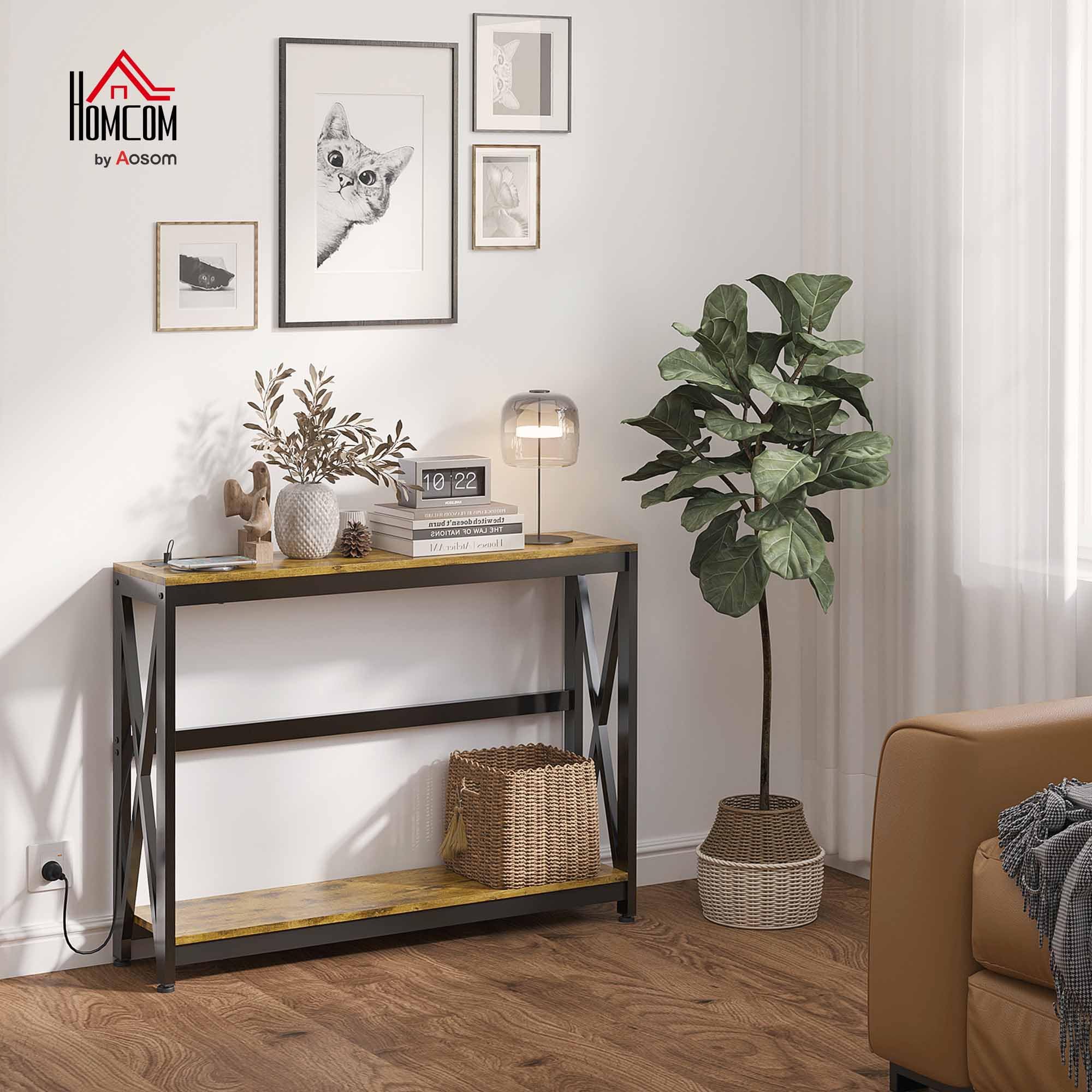 HOMCOM Mesa Consola Industrial con 2 USB 100x24x75 cm Marrón Rústico | Estación de Carga, Mesa de Entrada de 2 Niveles, Marco de Acero, Mueble de Recibidor, para Salón Pasillo