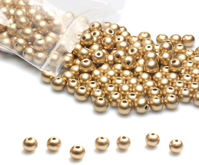 300pcs 10mm Gold Wood Beads Round Ball Dyed Wooden Loose Beads for Necklace Bracelet Home Decor (3mm Hole)