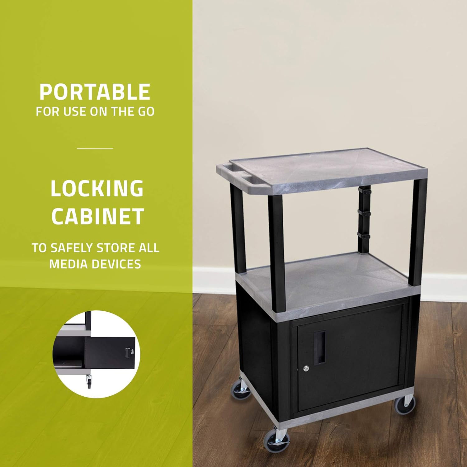 LUXOR WT42GYC2E-B 42"H AV Cart - 3 Shelves Cabinet - Black Legs