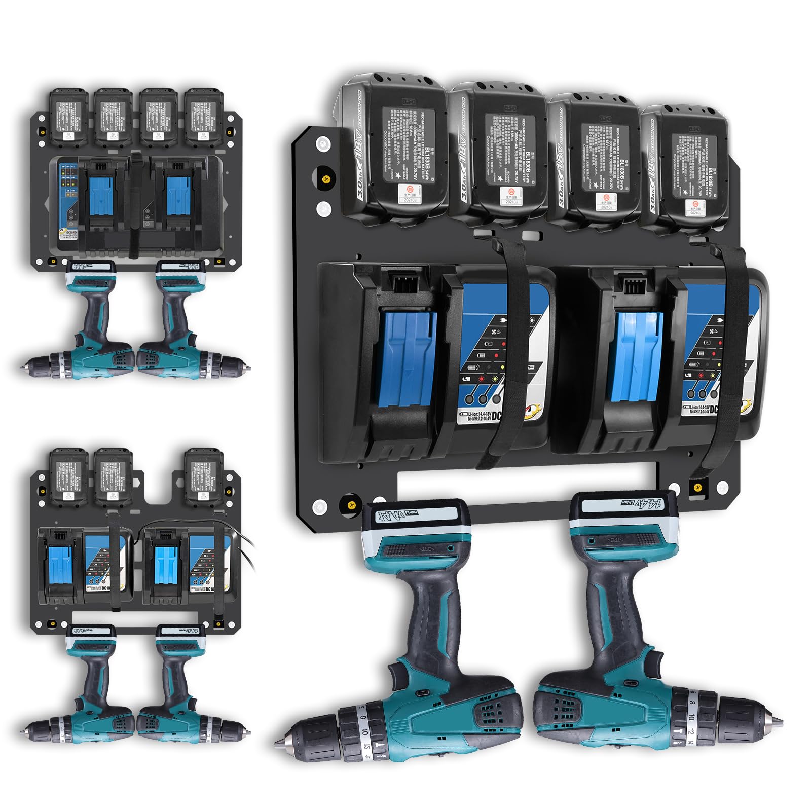 Wandhalterung für Makita Akkus und Ladegeräte – 2 mm Eisen mit Premium Montagematerial, hochwertige Makita Akku Halterung, passend für 4 Akkus (14,4V/18V), DC18RC/DC18RD Ladegeräte & 2 Bohrschrauber