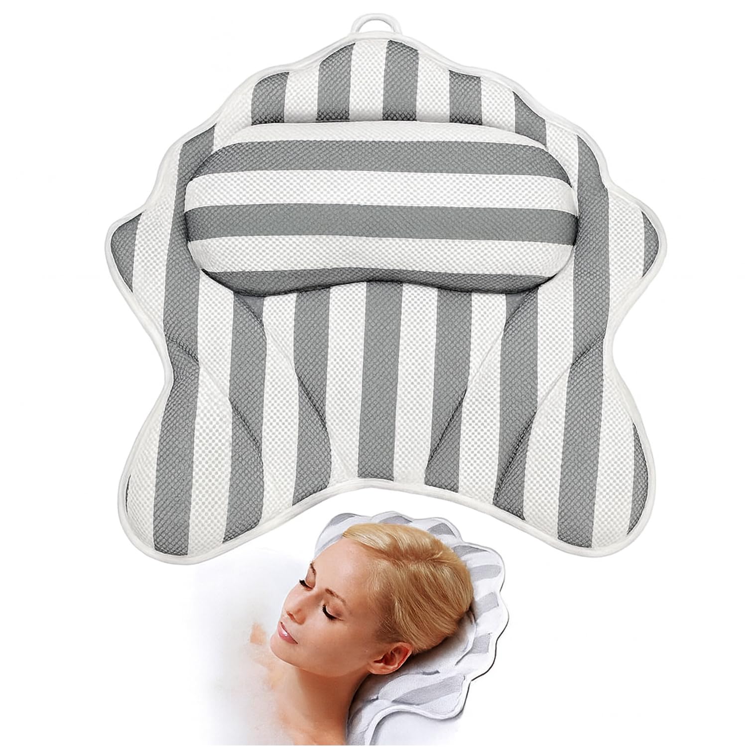 AMERTEER Bathtub Pillow for Neck | 3D Air Mesh Bath Tub Pillow with 6 Strong Grip Suction Cups | Ergonomic Tub Head & Back Support, Comfortable Bath Accessories, Dry Quickly Spa Pillow, Grey & White