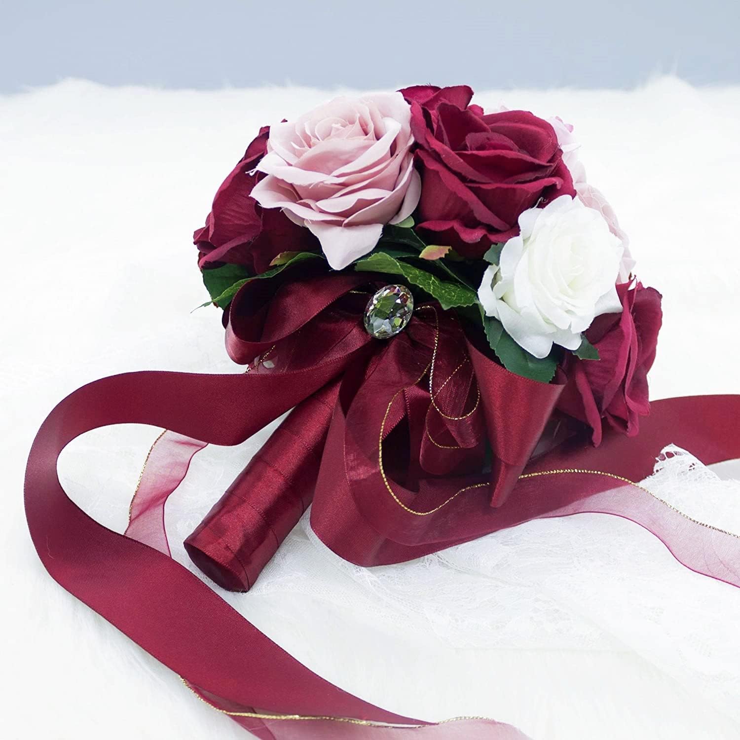 Abbie Home 9 inches Burgundy & Dusty Rose Bouquet-Blush Pink White Blooming Rose Real Touch Bridal Wedding Flowers