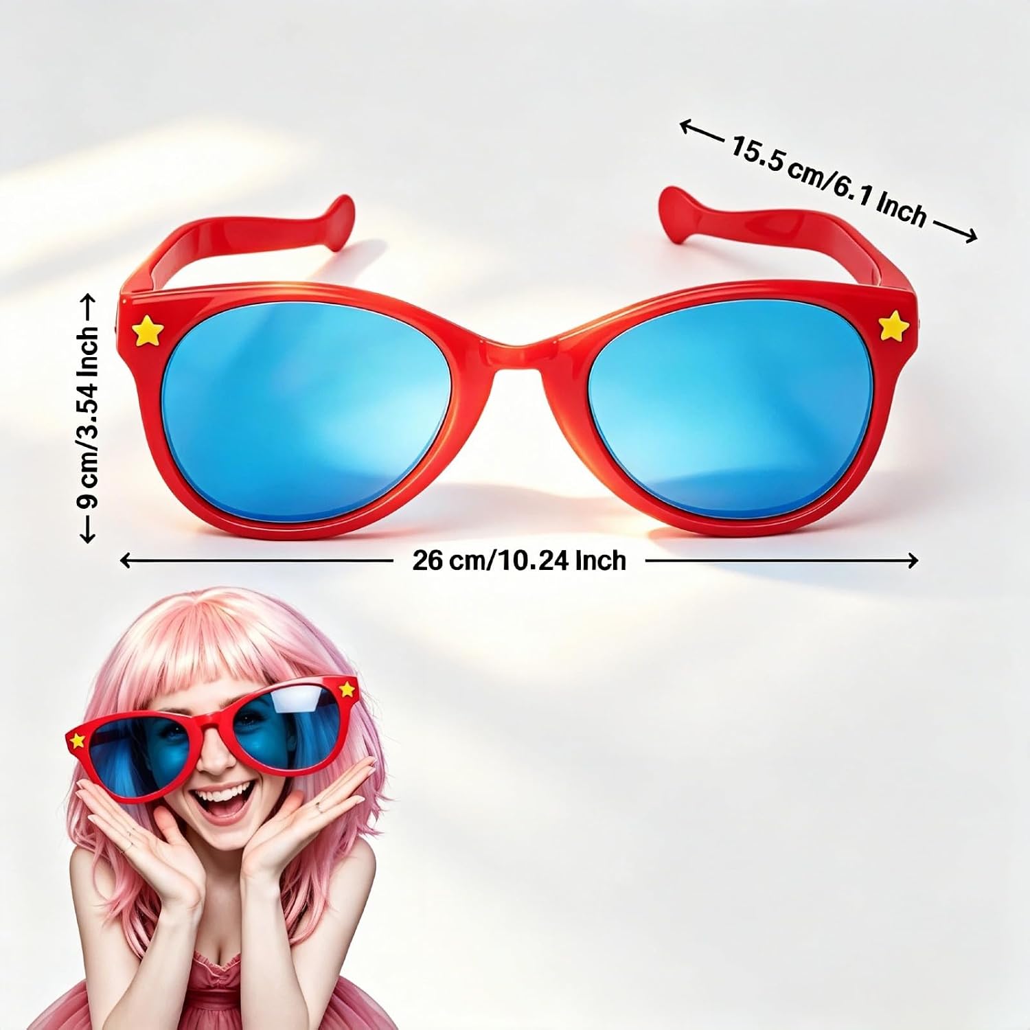 Btolin Giant Novelty Sunglasses for Adults - Oversized Red Frame Blue Lens Party Glasses, Funny Costume Eyewear for Birthday, Wedding, Halloween & Sports Events