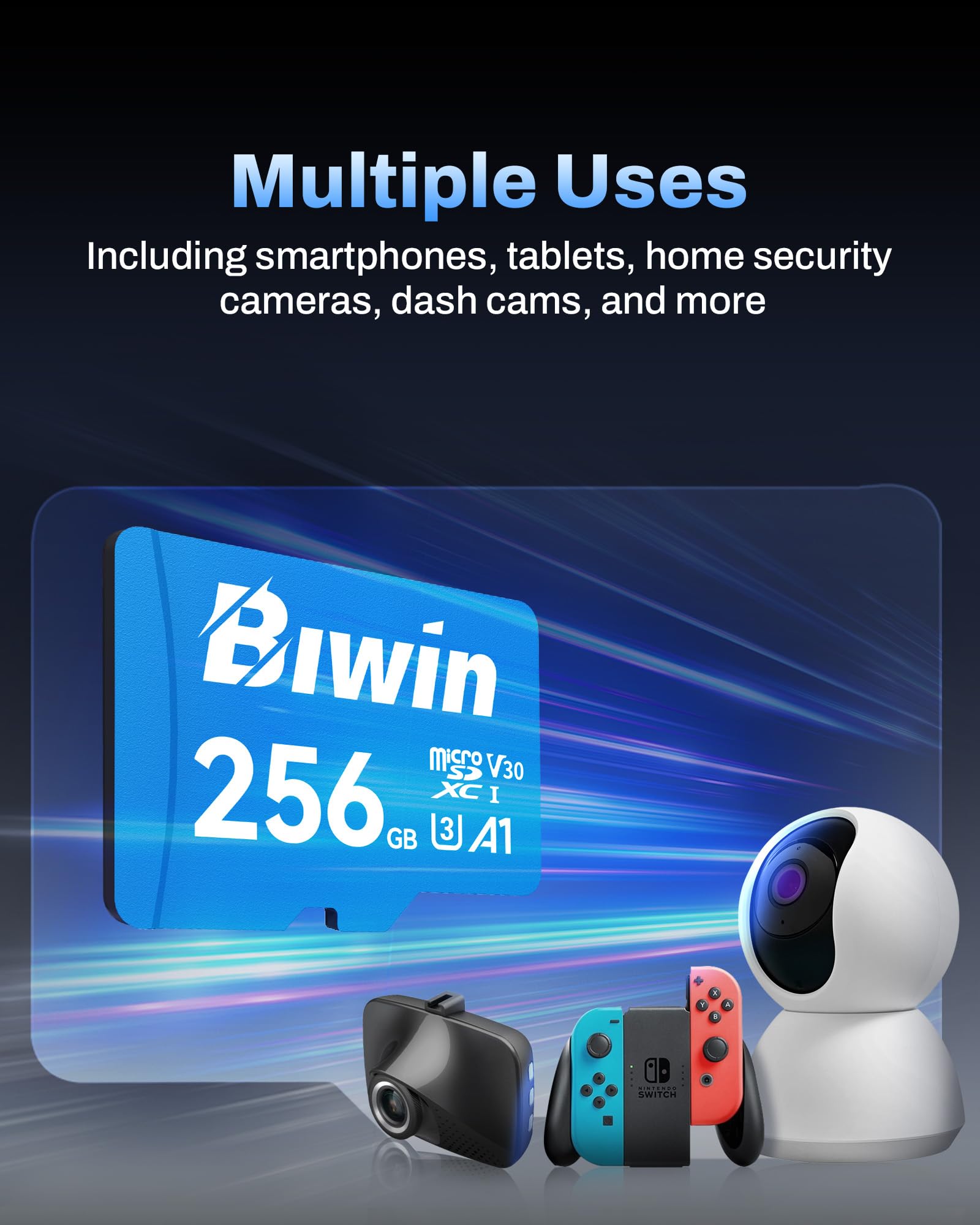 Biwin MS100 Micro SDXC Card 256GB, karta pamięci MicroSD UHS-I, 4K UHD A1 V30 U3 Class 10, prędkość odczytu do 100 MB/s dla smartfonów, tabletów, domowych kamer bezpieczeństwa i kamer samochodowych